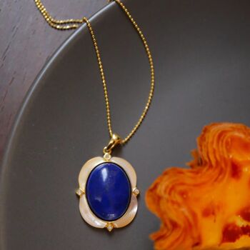 Grand pendentif Lapis Lazuli bleu naturel de style royal - Or vermeil et cadre MOP - Qualité AAAA 2