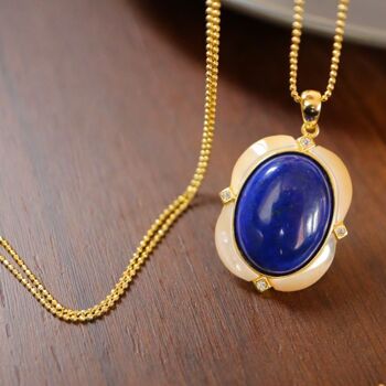 Grand pendentif Lapis Lazuli bleu naturel de style royal - Or vermeil et cadre MOP - Qualité AAAA 5