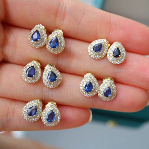 Gold vermeil fancy Pear-cut Sapphire gem earring with double frames - Real Sapphire gemstones