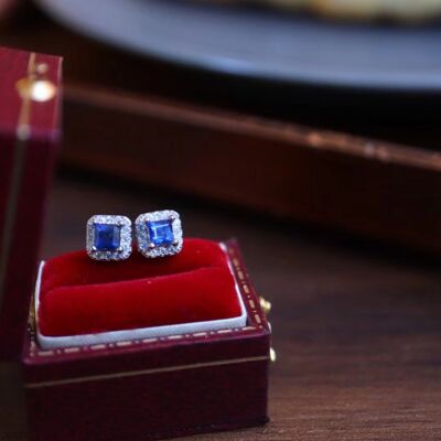 Pendientes de gemas de zafiro cuadrados de lujo de plata esterlina cuadrada azul - Piedras preciosas de zafiro real