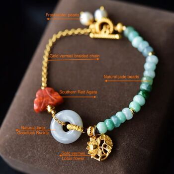 Bracelet Goodluck en jade naturel et agate rouge du sud - Vermeil doré - Qualité AAAA 5