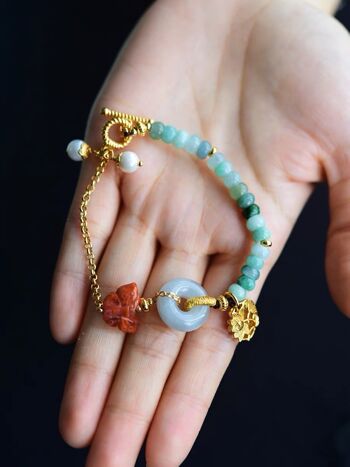 Bracelet Goodluck en jade naturel et agate rouge du sud - Vermeil doré - Qualité AAAA 12