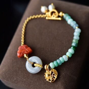 Bracelet Goodluck en jade naturel et agate rouge du sud - Vermeil doré - Qualité AAAA 14