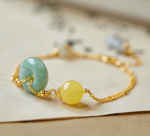 Natural Jade and Amber Goodluck Bracelet - Gold vermeil - AAAA Quality