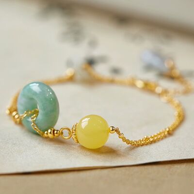 Natural Jade and Amber Goodluck Bracelet - Gold vermeil - AAAA Quality