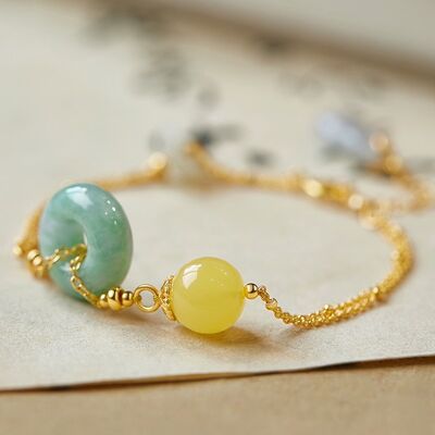 Pulsera Goodluck de Jade Natural y Ámbar - Vermeil de Oro - Calidad AAAA