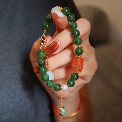 Bracelet totem tibétain en jade hétien naturel et agate rouge du sud - Vermeil doré - Qualité AAAA