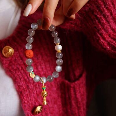 Bracelet en perles de Labradorite naturelle avec porte-bonheur bouddhique - Qualité AAAA