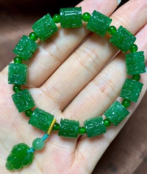 Vivid green Hetian Jade carved barrel shaped Bracelet - AAAA Quality