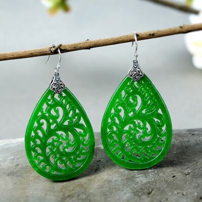 Chinese traditional style large waterdrop jade earrings-Ruyi flower Pattern