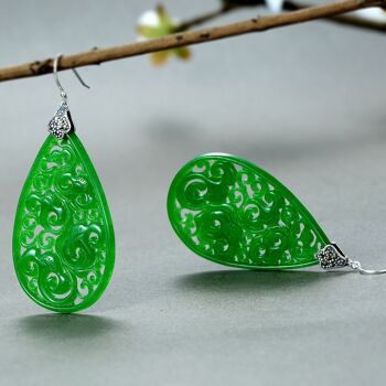 Grandes boucles d'oreilles en jade goutte d'eau de style traditionnel chinois, motif de fleur Ruyi 4