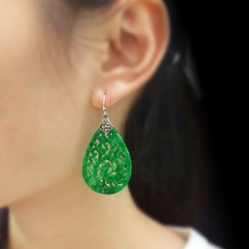 Grandes boucles d'oreilles en jade goutte d'eau de style traditionnel chinois, motif de fleur Ruyi 5