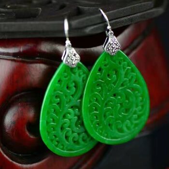 Grandes boucles d'oreilles en jade goutte d'eau de style traditionnel chinois, motif de fleur Ruyi 8