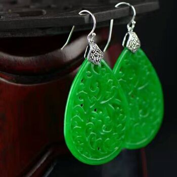 Grandes boucles d'oreilles en jade goutte d'eau de style traditionnel chinois, motif de fleur Ruyi 11