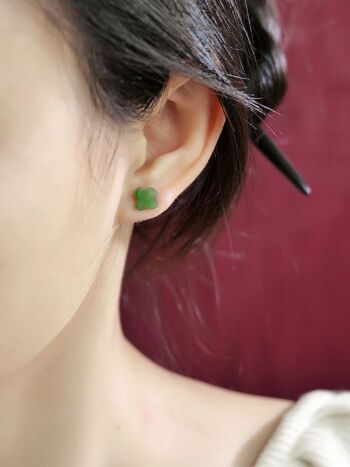 Clous d'oreilles trèfle porte-bonheur en jade hétien naturel, or 18 carats 5
