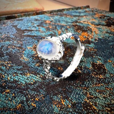 Blauer Mond-Ring aus Sterlingsilber im Vintage-Stil mit natürlichem Mondstein – verstellbar