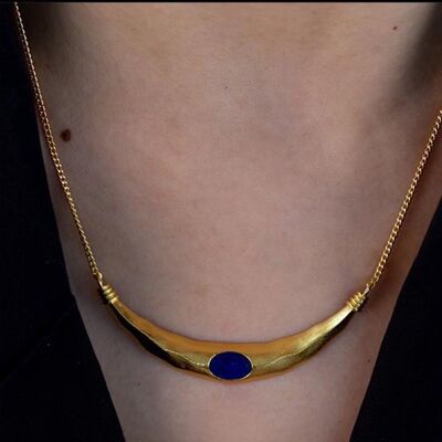 Geometrische blaue Lapislazuli-Halskette im Vintage-Stil – vergoldet