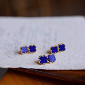 Clous d'oreilles minimalistes en Lapis Lazuli bleu naturel trèfle porte-bonheur - Or vermeil -Qualité AAAA 2