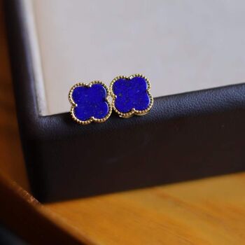 Clous d'oreilles minimalistes en Lapis Lazuli bleu naturel trèfle porte-bonheur - Or vermeil -Qualité AAAA 3