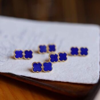 Clous d'oreilles minimalistes en Lapis Lazuli bleu naturel trèfle porte-bonheur - Or vermeil -Qualité AAAA 5