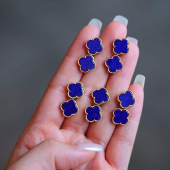 Clous d'oreilles minimalistes en Lapis Lazuli bleu naturel trèfle porte-bonheur - Or vermeil -Qualité AAAA 6
