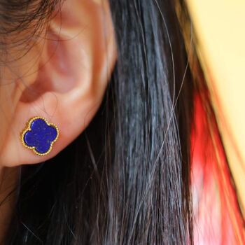 Clous d'oreilles minimalistes en Lapis Lazuli bleu naturel trèfle porte-bonheur - Or vermeil -Qualité AAAA 7