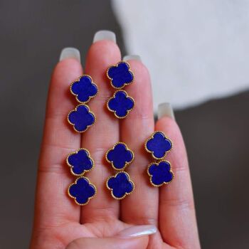 Clous d'oreilles minimalistes en Lapis Lazuli bleu naturel trèfle porte-bonheur - Or vermeil -Qualité AAAA 8