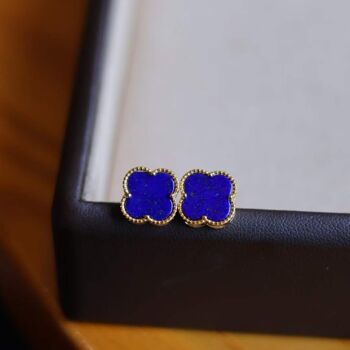 Clous d'oreilles minimalistes en Lapis Lazuli bleu naturel trèfle porte-bonheur - Or vermeil -Qualité AAAA 9