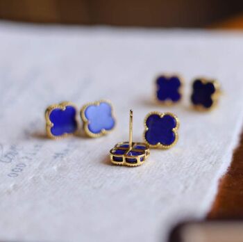 Clous d'oreilles minimalistes en Lapis Lazuli bleu naturel trèfle porte-bonheur - Or vermeil -Qualité AAAA 10