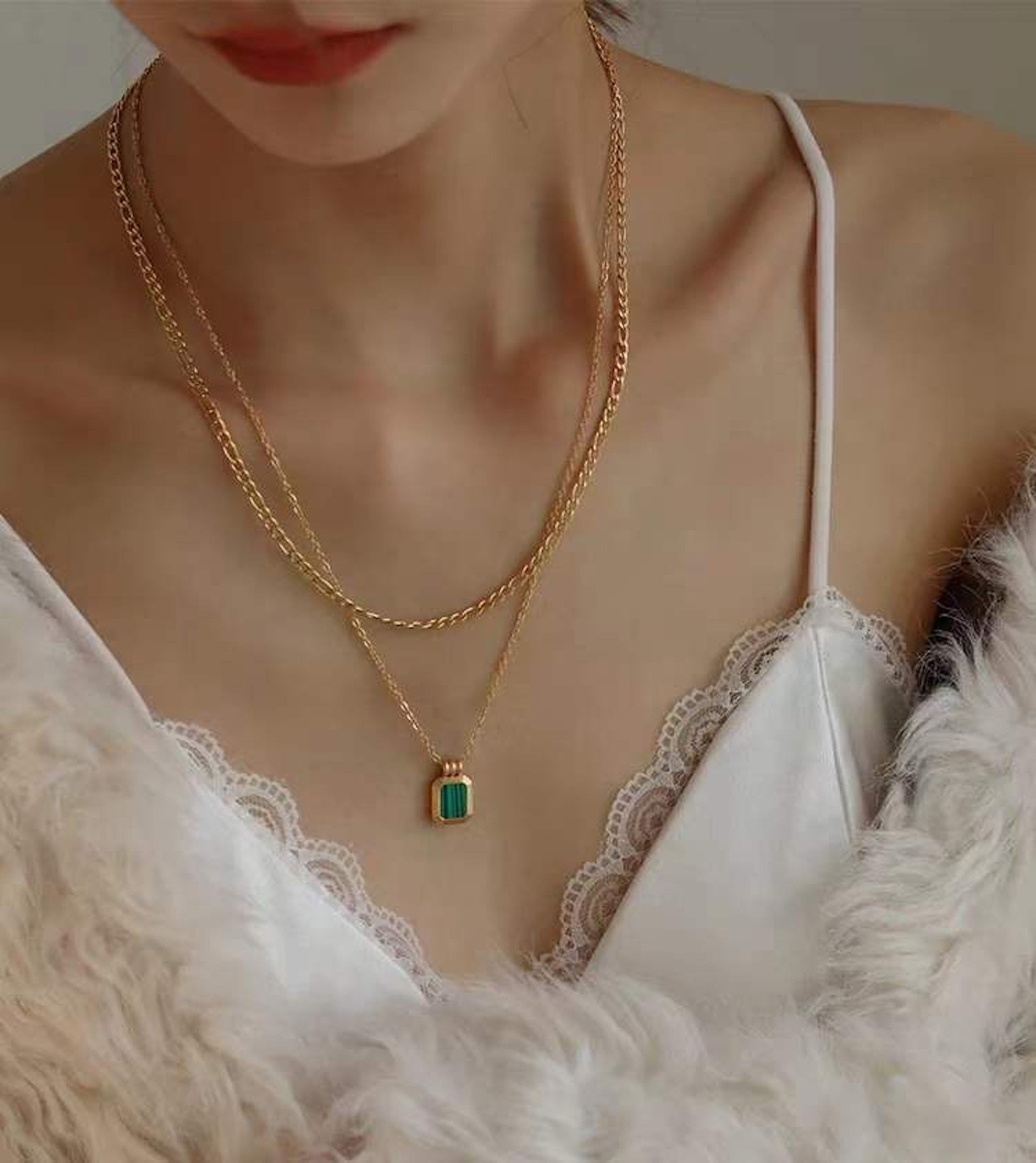 Collana minimalista a doppia catena di malachite naturale - Oro vermeil - Qualità AAAA