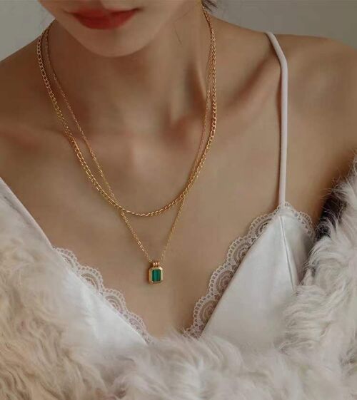 Minimalist natural Malachite double chain layered necklace - Gold vermeil - AAAA Quality