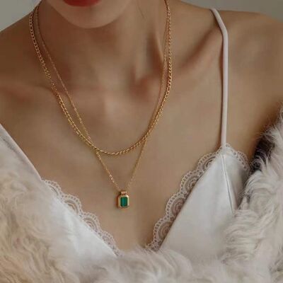 Collar minimalista de doble cadena de malaquita natural en capas - Vermeil de oro - Calidad AAAA