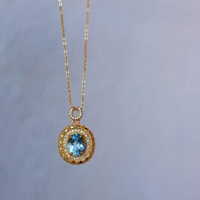 Halskette mit ovalem Anhänger aus natürlichem Blautopas in zeitlosem Design – Gold-Vermeil – AAAA-Qualität