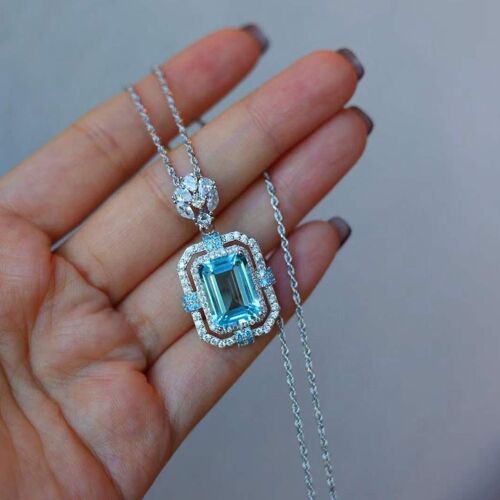 Ice Queen - Sparkling natural blue topaz large pendant necklace-sterling silver-Emerald-cut-AAAA Quality