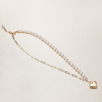 Contrast Classics - Collier de perles et de grosses chaînes avec breloque en forme de cœur - Perle d'eau douce de qualité AAAA 2