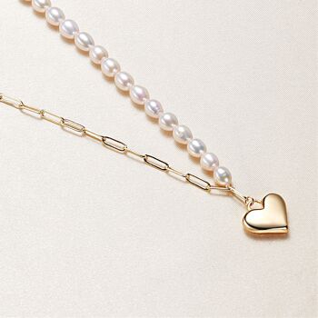 Contrast Classics - Collier de perles et de grosses chaînes avec breloque en forme de cœur - Perle d'eau douce de qualité AAAA 3