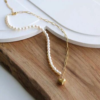 Contrast Classics - Collier de perles et de grosses chaînes avec breloque en forme de cœur - Perle d'eau douce de qualité AAAA 4
