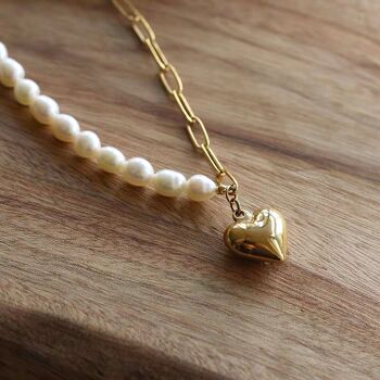 Contrast Classics - Collier de perles et de grosses chaînes avec breloque en forme de cœur - Perle d'eau douce de qualité AAAA 5