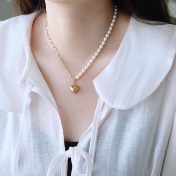 Contrast Classics - Collier de perles et de grosses chaînes avec breloque en forme de cœur - Perle d'eau douce de qualité AAAA 7
