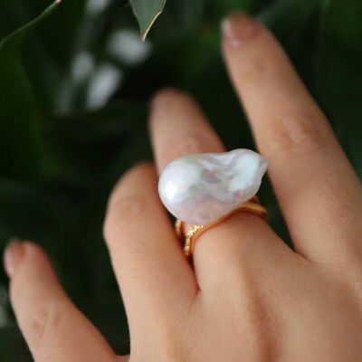 Grandi anelli con perle barocche grosse, oro vermeil, regolabili