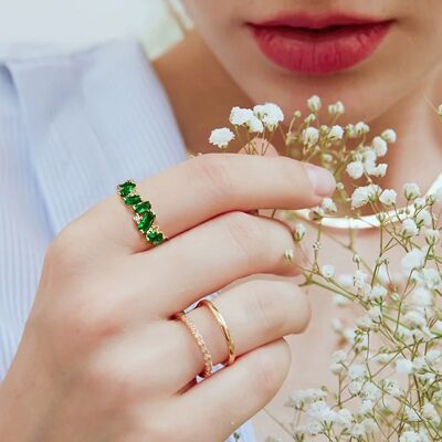 Aro floral esmeralda - Elegante y real anillo vermeil de oro talla esmeralda - Talla 6,7,8