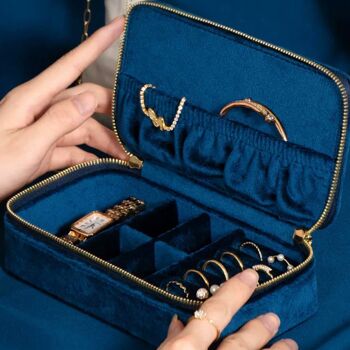 Coffret à bijoux de voyage en velours d'inspiration vintage - Bleu saphir - Coffrets duel 2