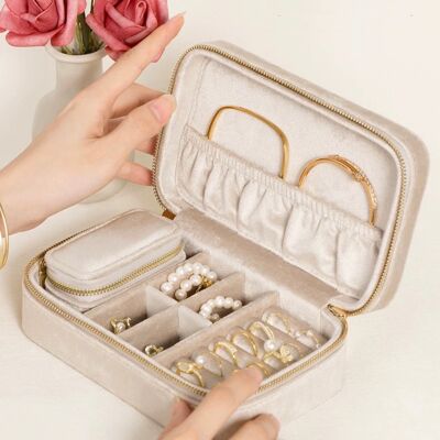 Vintage inspired velvet travel jewelry box-Milky beige-duel boxes