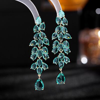 Royal style fancy green gemstone-look leaves formed large drop earrings-gold plated-AAAA quality zirconia