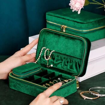 Coffret à bijoux de voyage en velours d'inspiration vintage - Vert émeraude - Coffrets duel 12