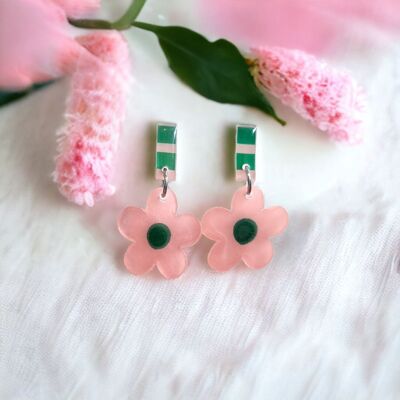 Pastel Pink and Emerald Green Dangle Flower Earrings
