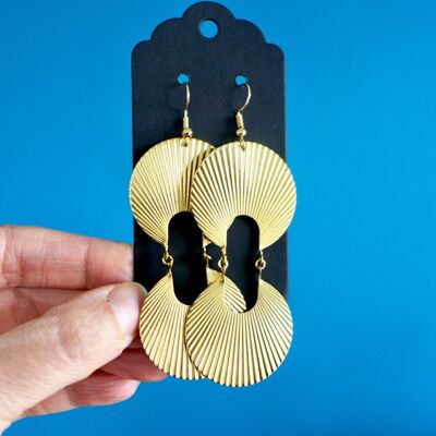 Large graphic Art Deco striped circle earrings in gold-plated brass