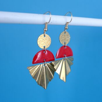 Parure de bijoux sautoir et boucles d'oreilles Art Déco doré pailleté et émail rouge 9