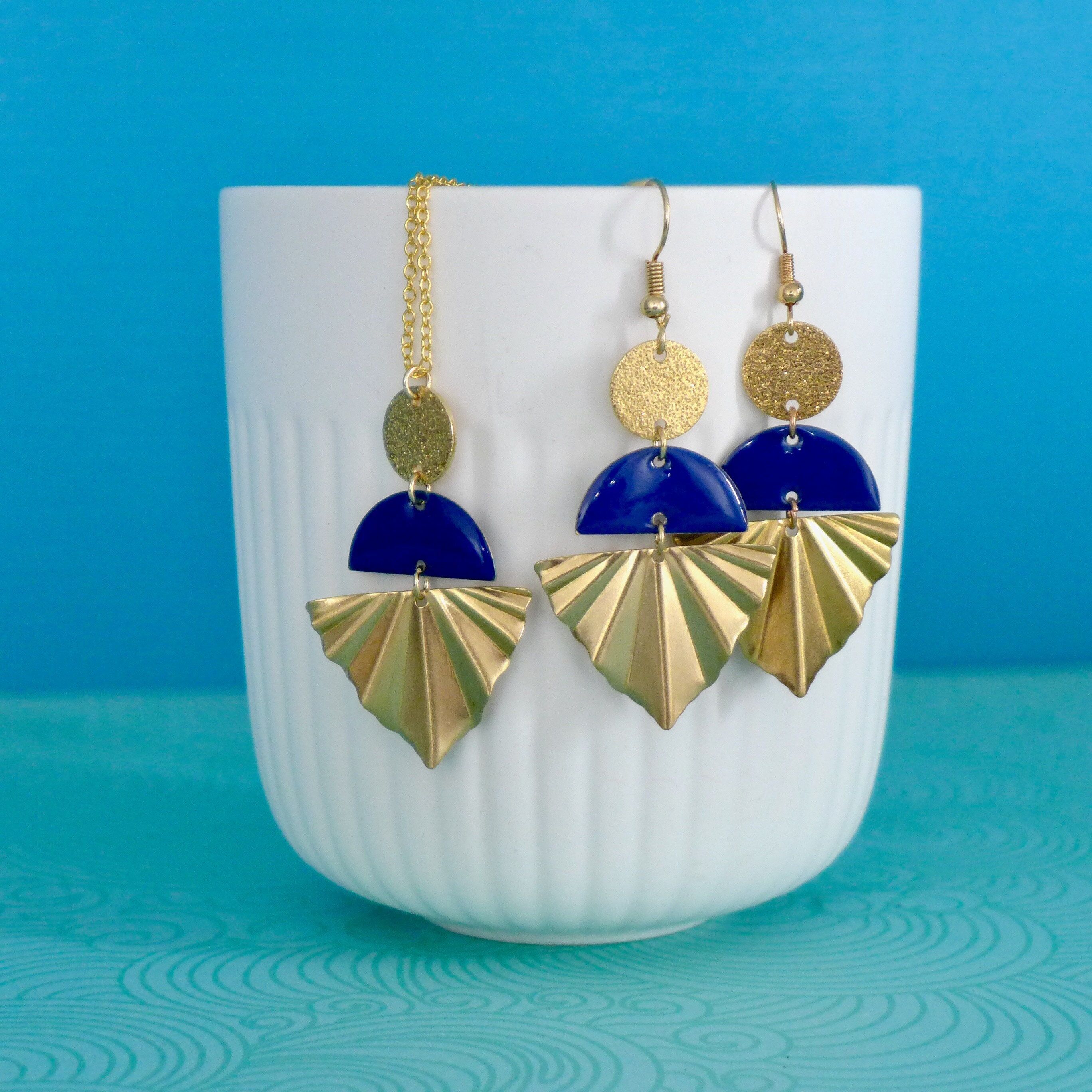 Art Deco long necklace and gold sequin and royal blue earrings jewelry set