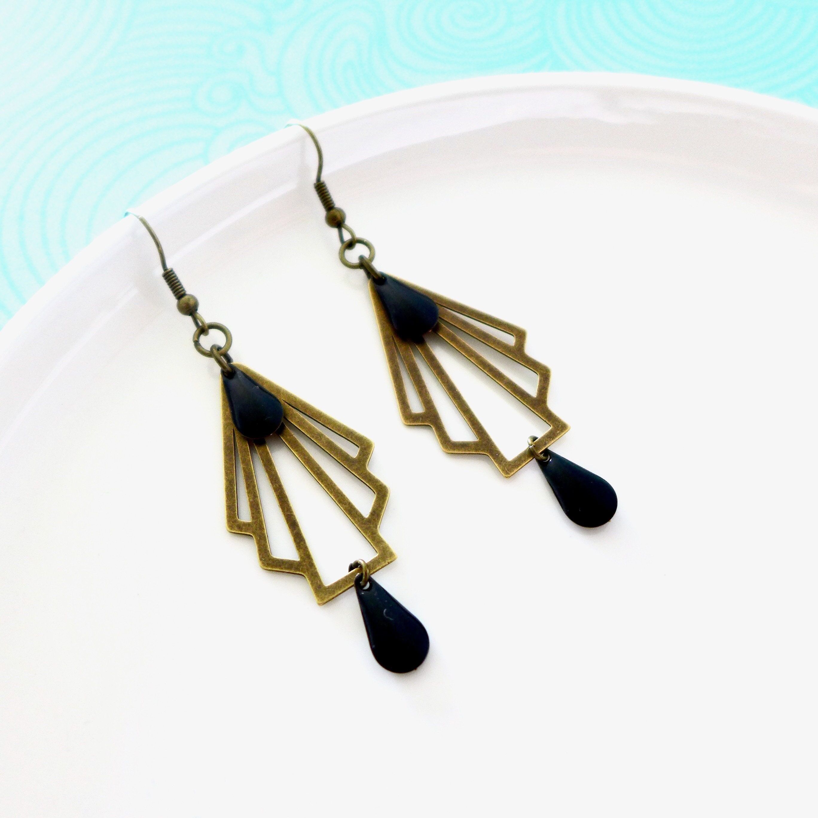 Boucles d'oreilles Art Déco éventail graphique Bronze et noir